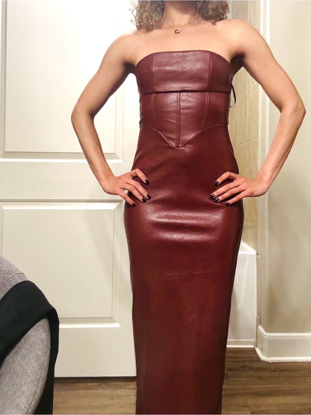Burgundy Strapless Corset-Style Leather-Look Maxi Dress – Size S